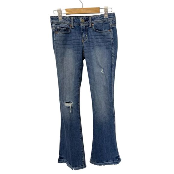 American Eagle Flare Jeans Pocket Flaps Women's Sz 2 (28x30) Stretch Distressed - Picture 1 of 11